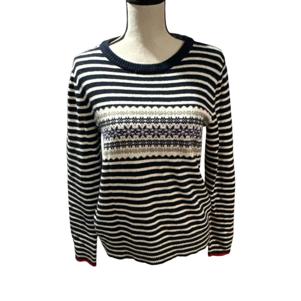 J.Crew Fair Isle Striped Merino Wool Sweater Navy Cream Size Medium